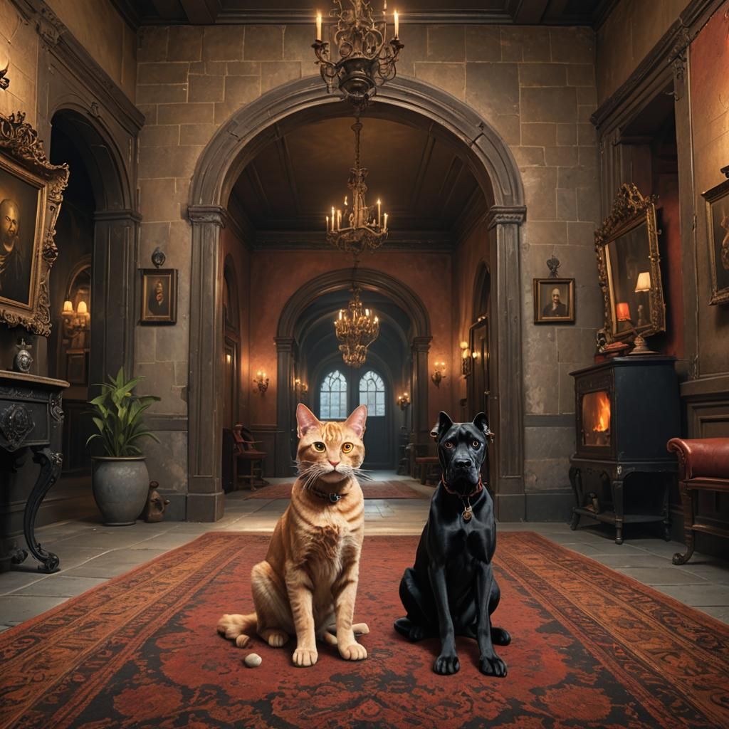 A Hyperrealistic Pinhead orange Garfield style Tabby Cat, demonic glowing Bright red eyes, facing a snarling, hyperreali...