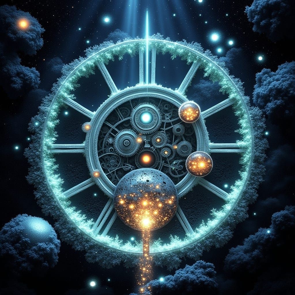 Timeless Clockwork Metropolis in Vibrant Bioluminescent Hues