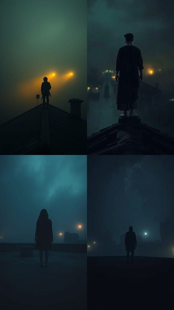 Suspenseful Horror on Dark Rooftop with Glowing Fog