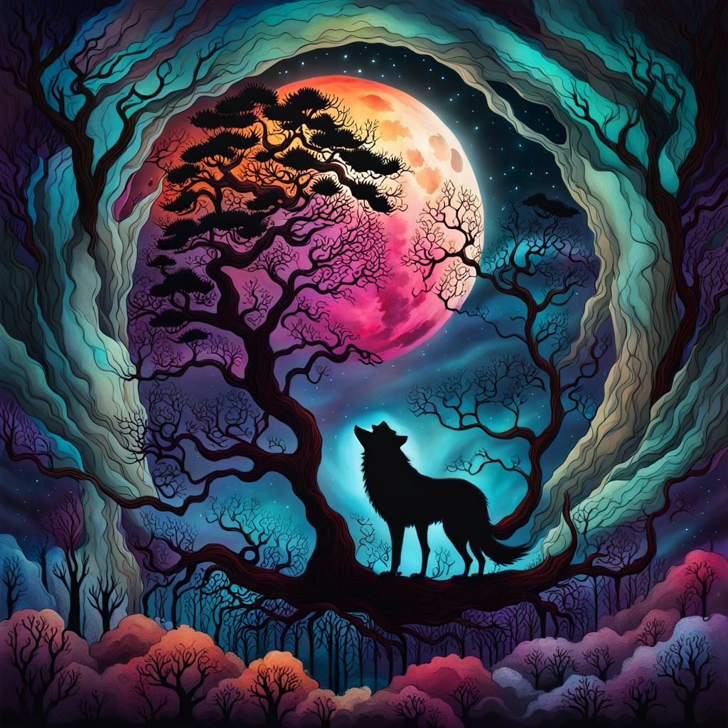 Dire Wolf Howling at Blood Moon in Alcohol Ink