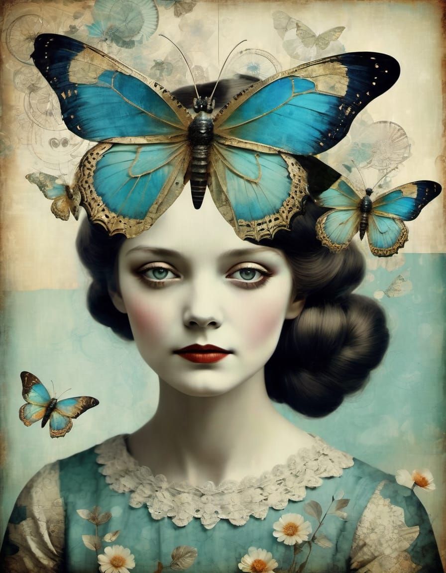 Butterfly Woman Portrait in Surreal Collage Art