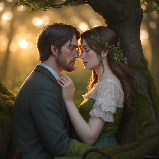 Lovers Kissing Under Oak Tree at Sunset