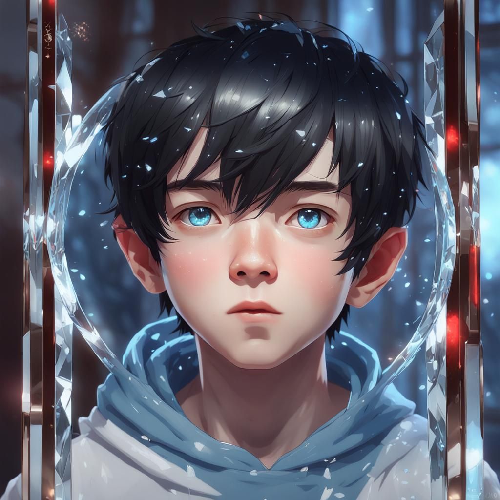 Anime Boy Portrait with Crystalline Blue Eyes, 3D Art