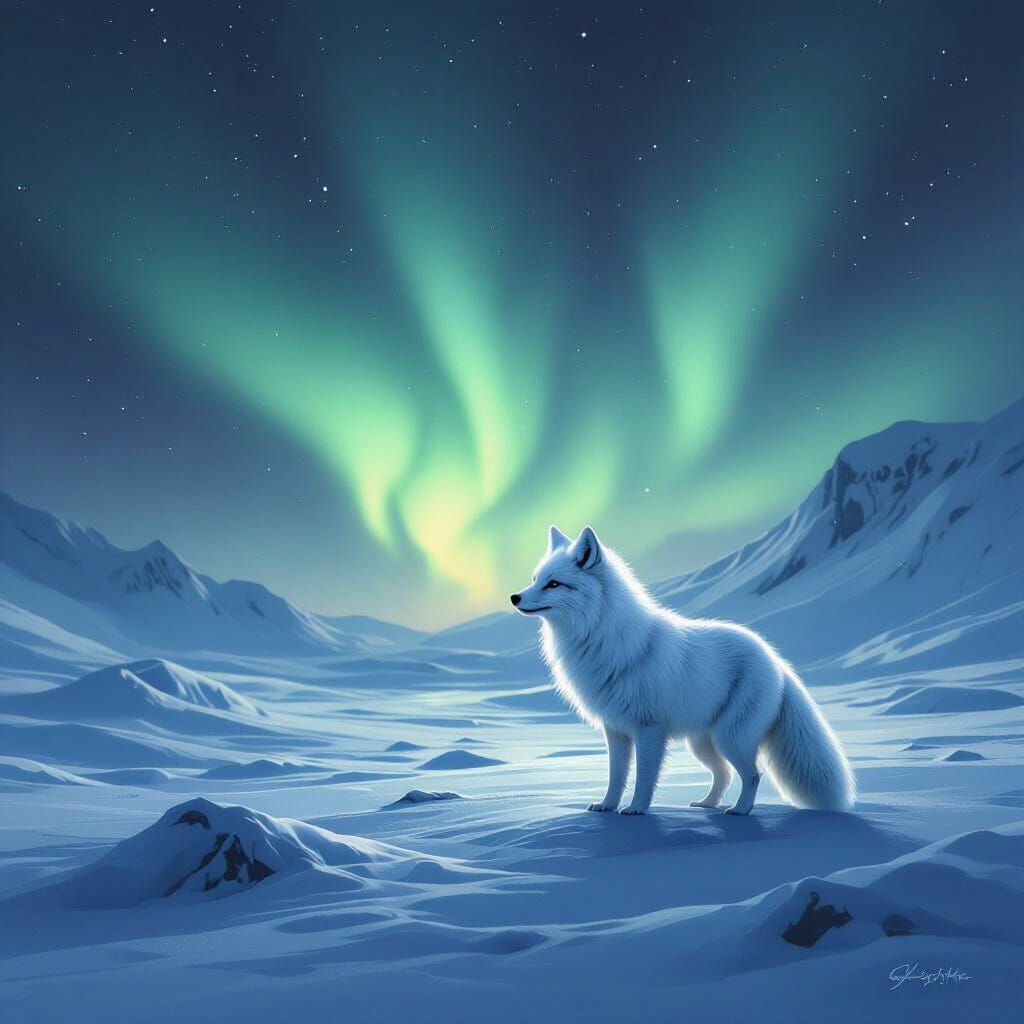 Arctic Fox Under Aurora Borealis in Digital Oil Style