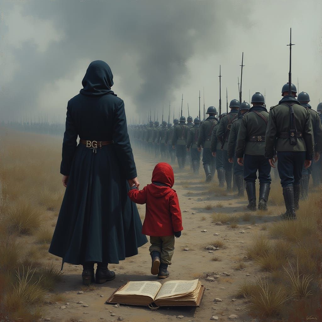 Em um campo de batalha desolado, uma mulher com um colar de pérolas gravado com 'BG' segura seu filho de 5 anos nos braç...