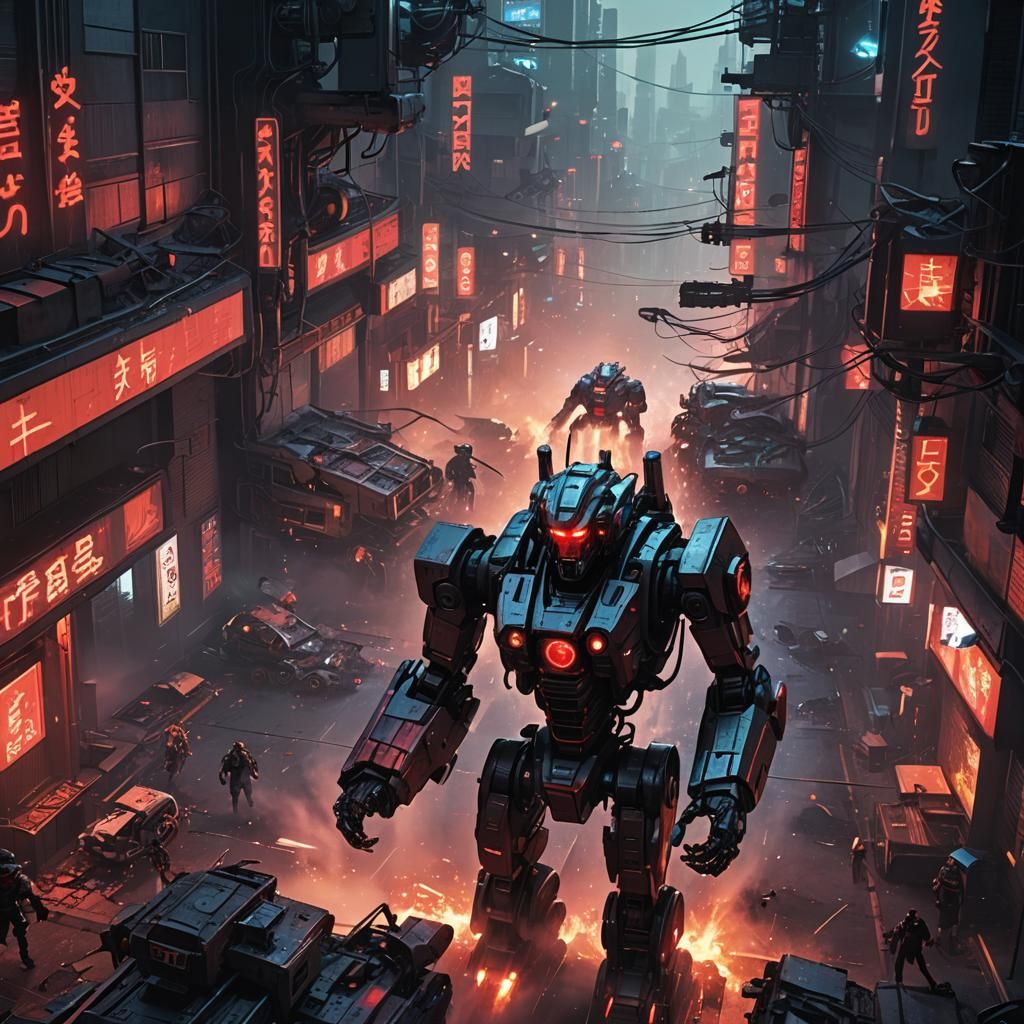 Menacing Robot Reigns in Neon-Lit Cyberpunk Cityscape