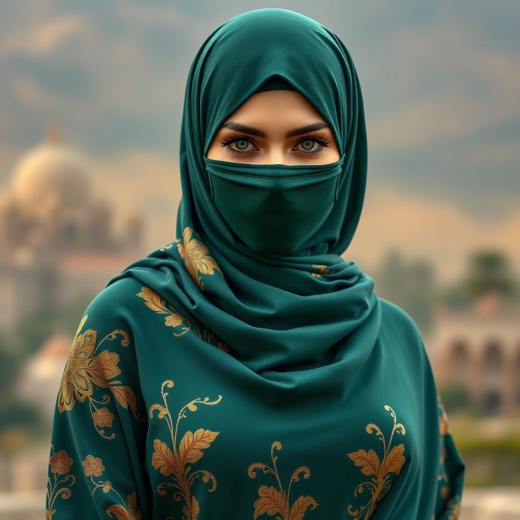 Elegant Hijabi Woman in Emerald Green Gown