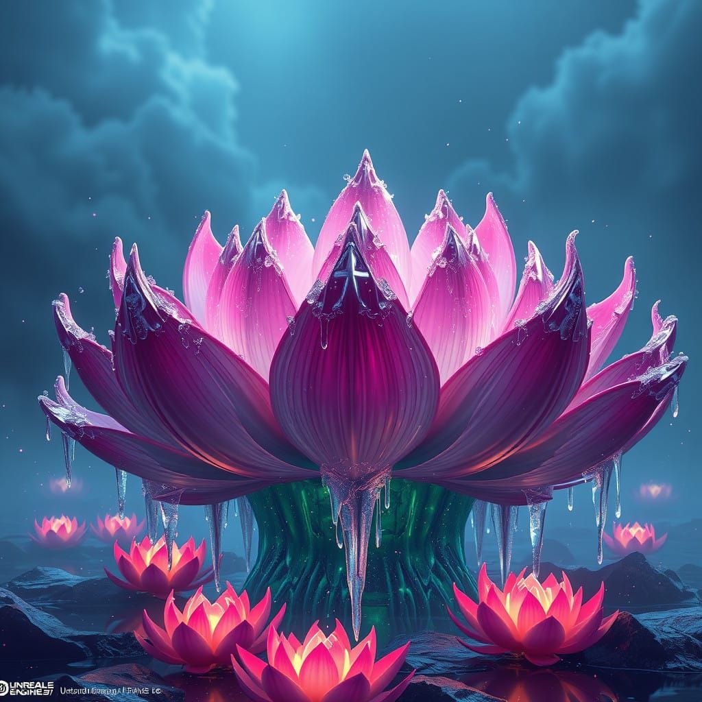 Surreal Lotus Blossom Unfolds under Icy Delight