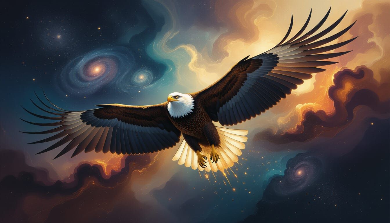 Golden Liquid Eagle Soars Through Cosmic Paint Nebula