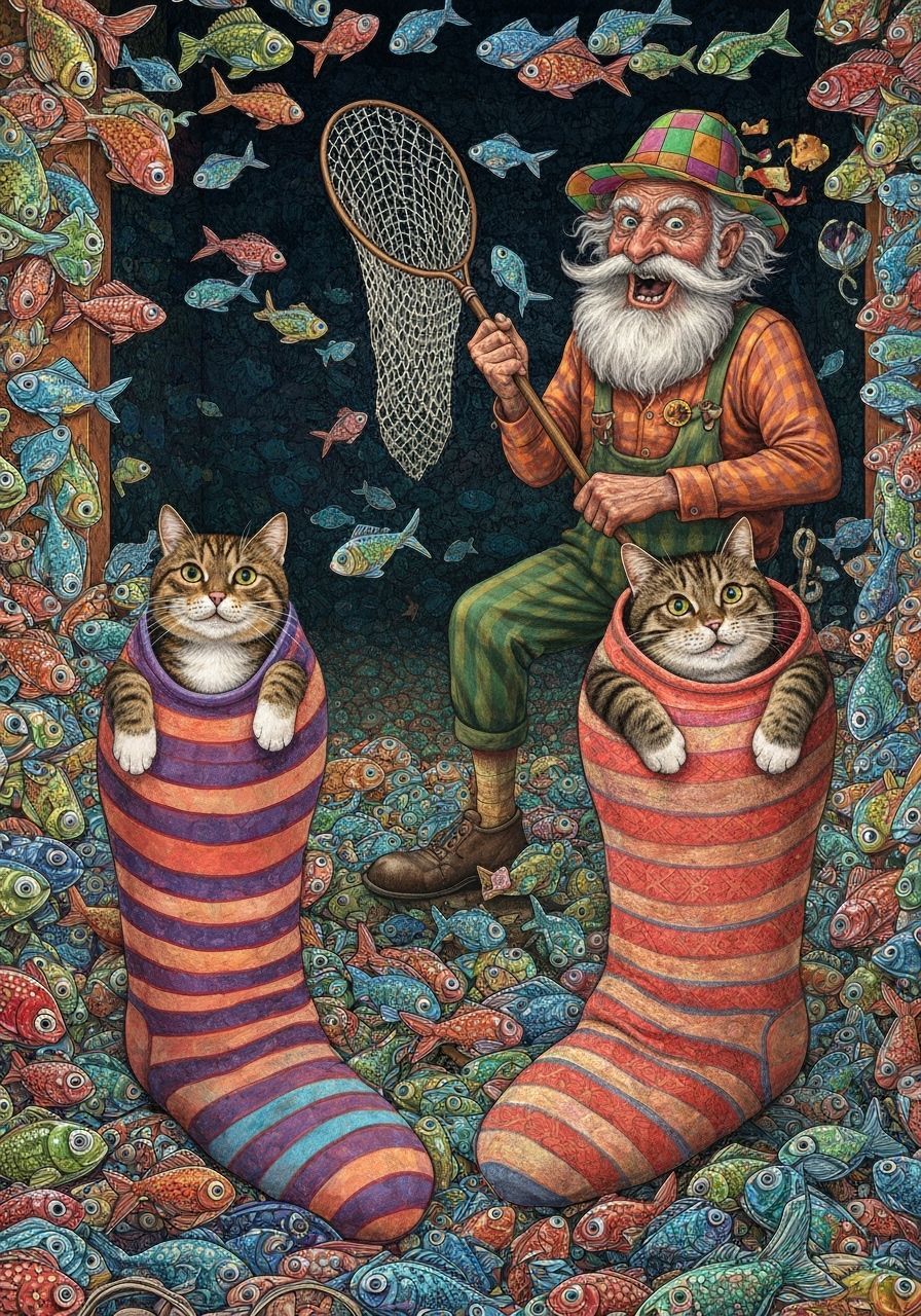 Playful Cats and Glass Fish in Abstract Art Style