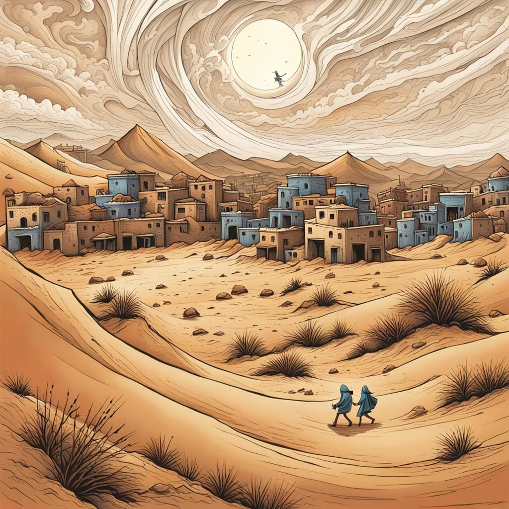 Sandstorm in Desert Town: Whimsical Ink Illustration