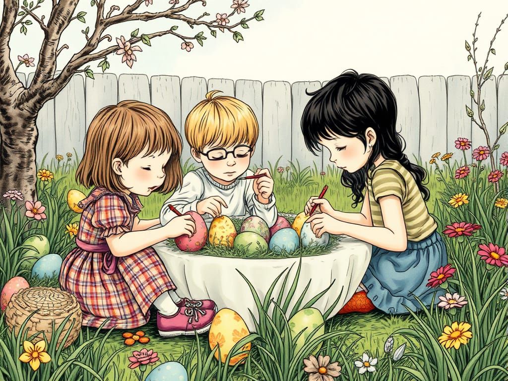 Children Paint Easter Eggs in a Whimsical Garden Scene