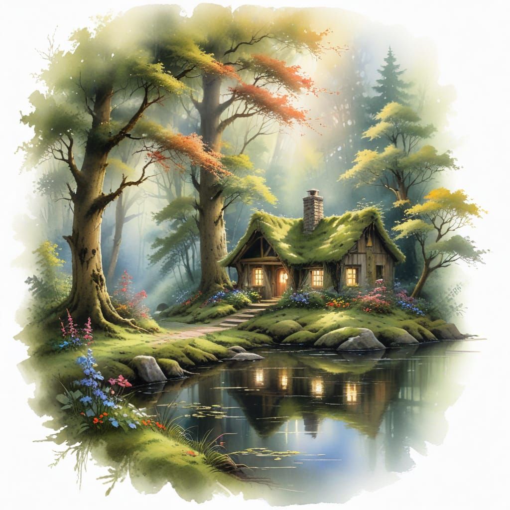 Serenity in Ancient Woodland, a Peaceful Cabin Scene