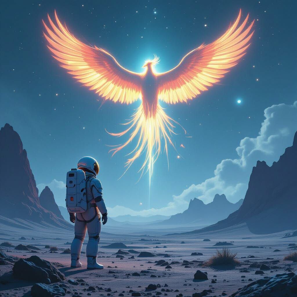 Astronaut and Bioluminescent Phoenix in Alien Landscape