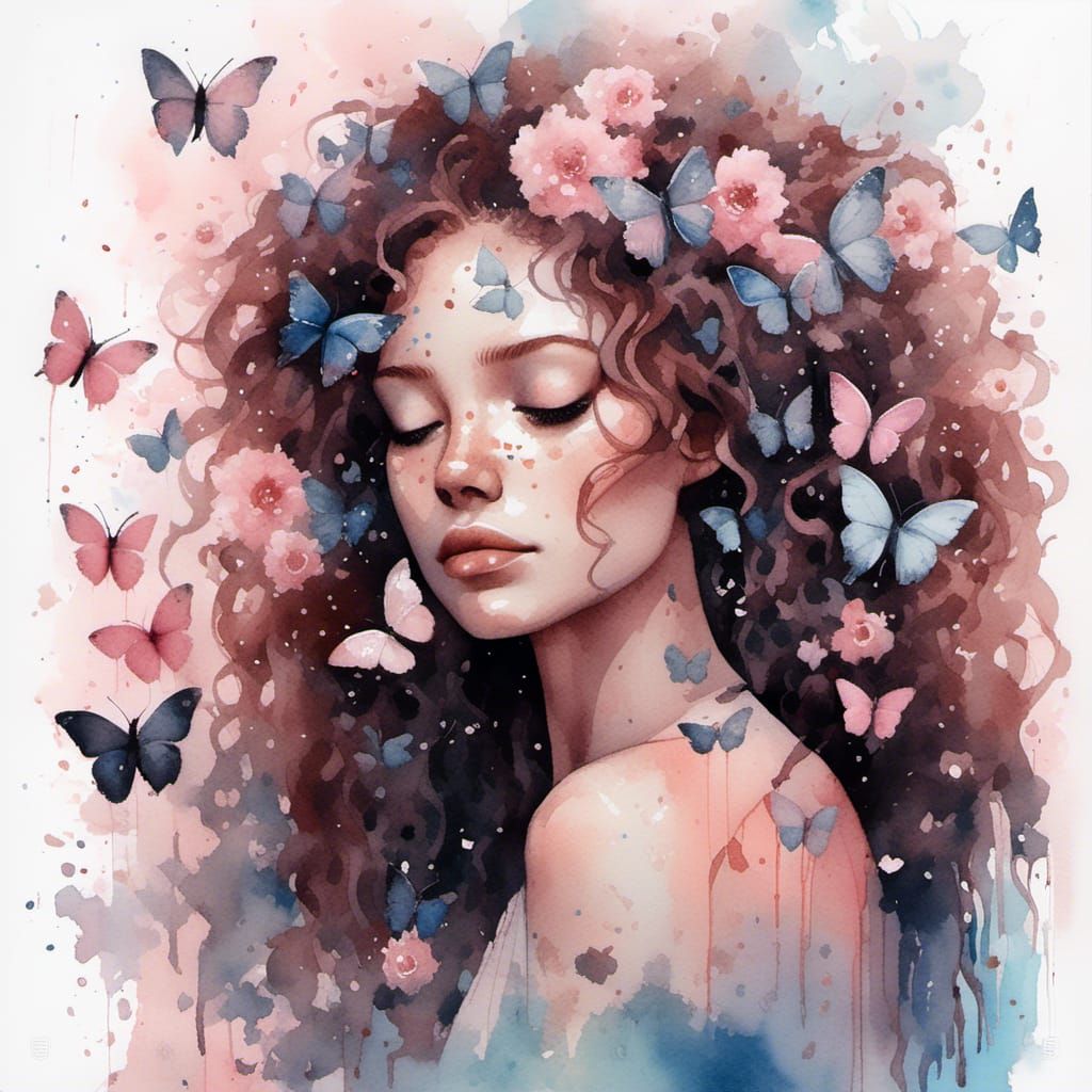 Watercolor Woman with Butterflies in Pastel Colors