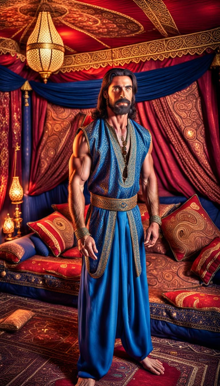 Muscular Djinn in Arabian Tent Interior