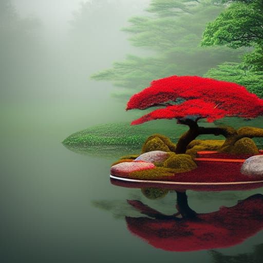 Mystical Red Fog in a Japanese Garden