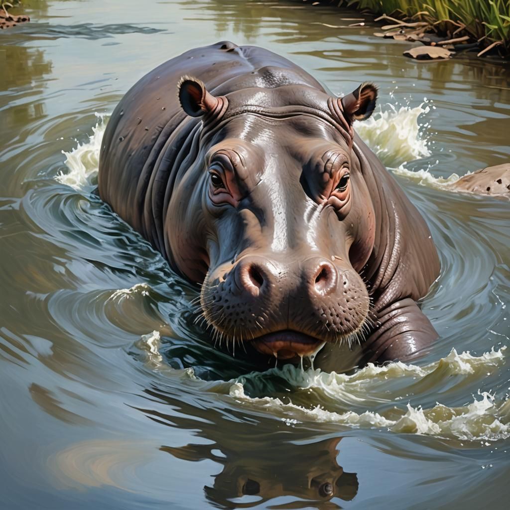 Hippo Emerges: Oil Painting of River Beast