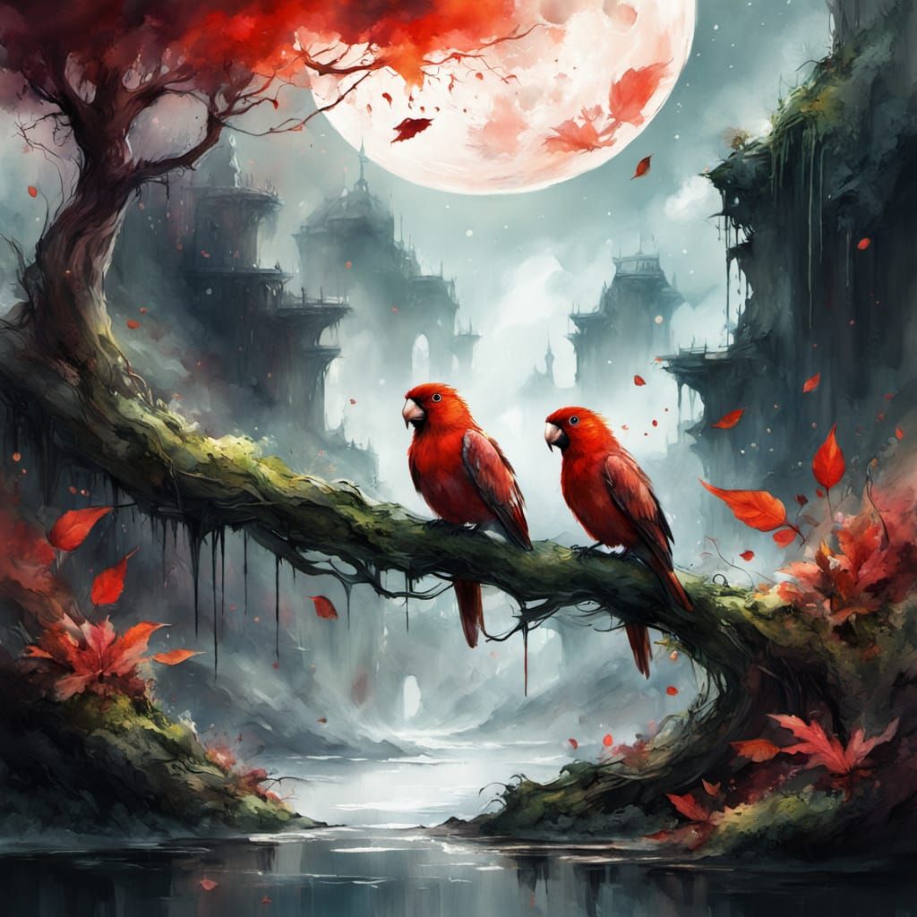 Red Lovebirds Under Red Moon, Watercolour Splash Art