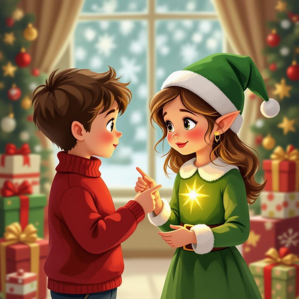 Whimsical Children's Book Illustration of Boy and Elf