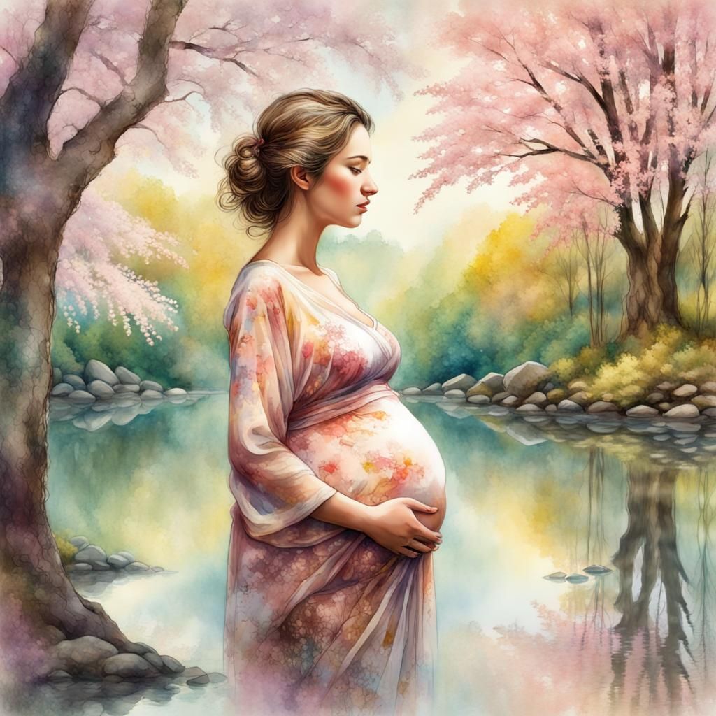 Pregnant Woman in Sakura Forest Watercolour Illustration