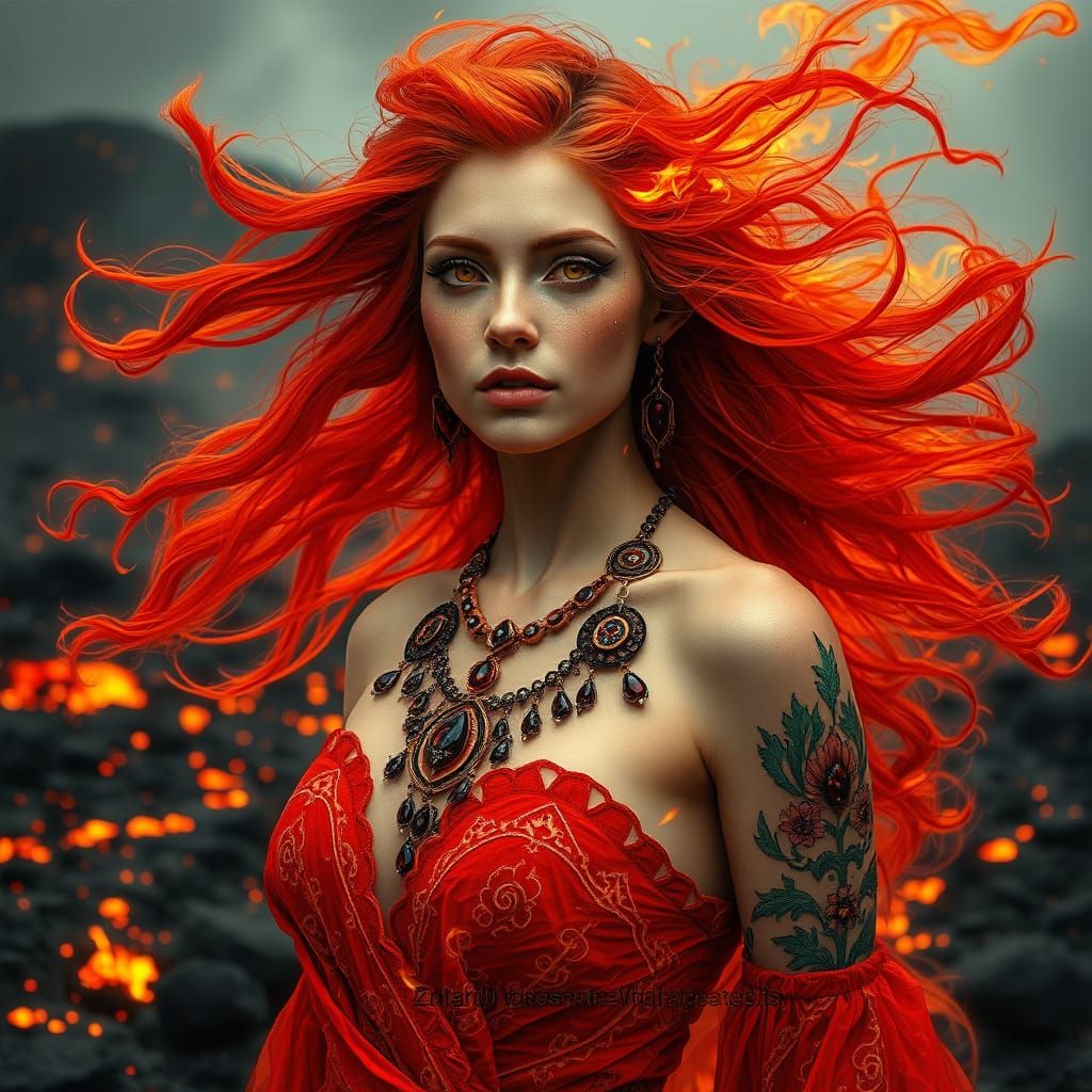 Fiery Goddess of the Volcano in Hyperreal Style