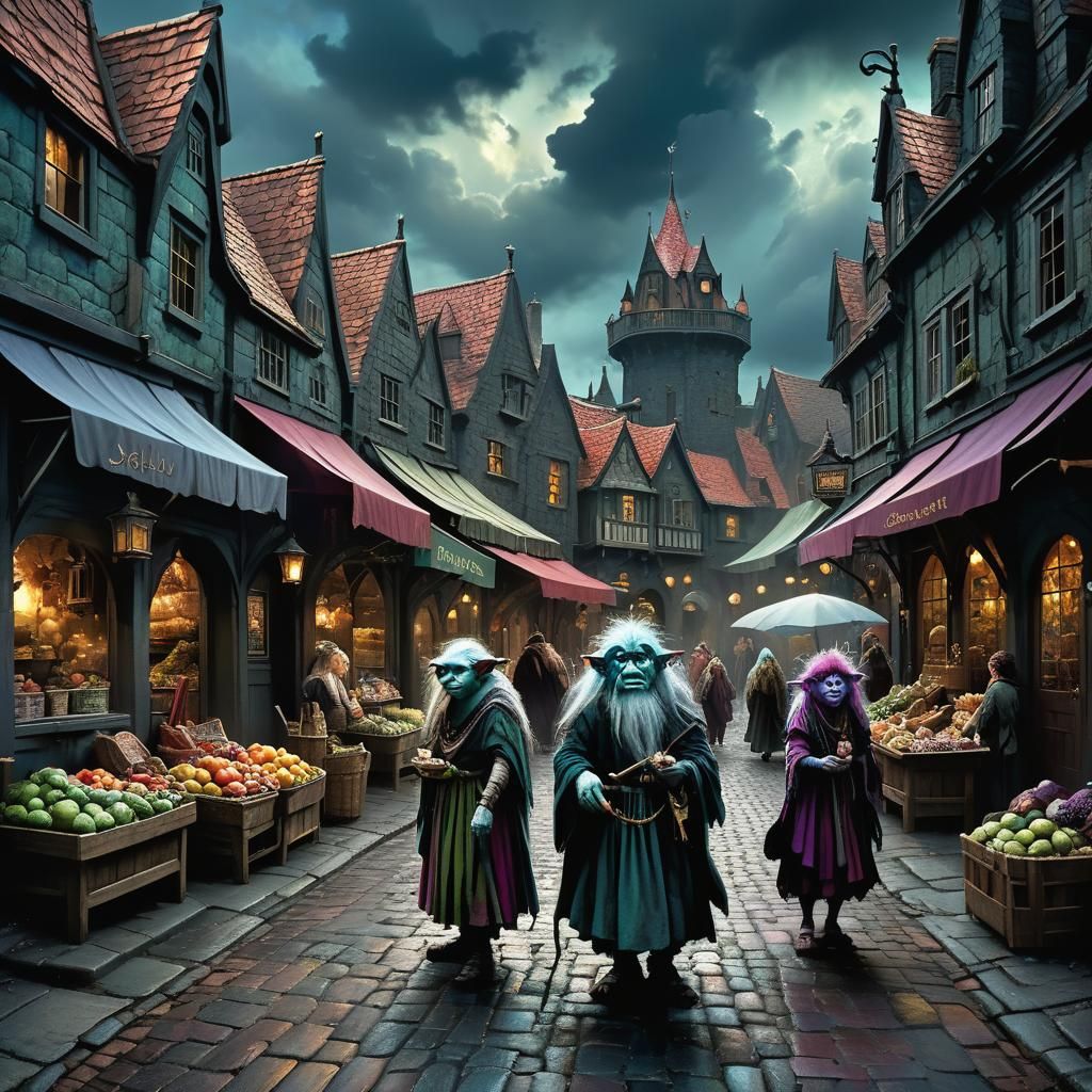 Dark Fantasy Market Street with Fae Beings