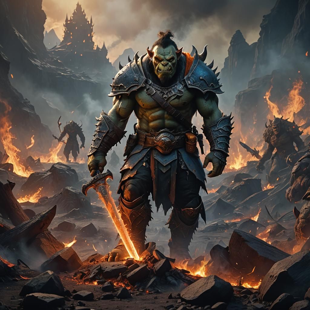 Orc Sharpening Sword in Smoldering Landscape