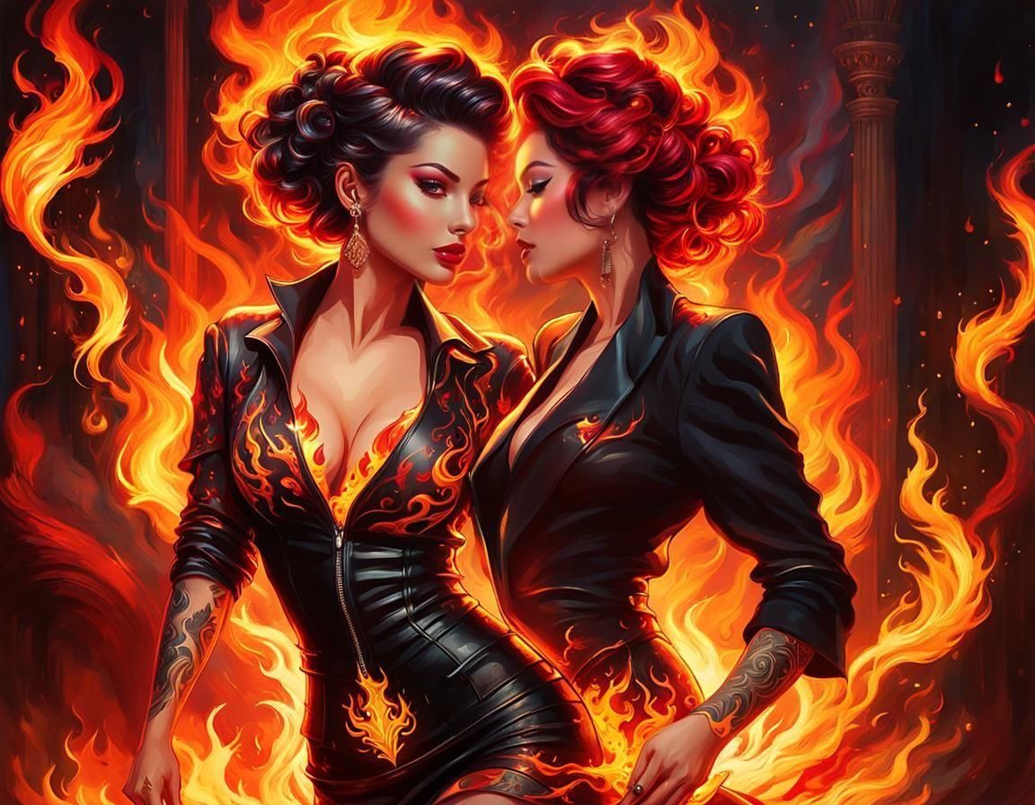 Sultry Pinup Emerge from Fiery Blaze in Vibrant Elaborate Ar...