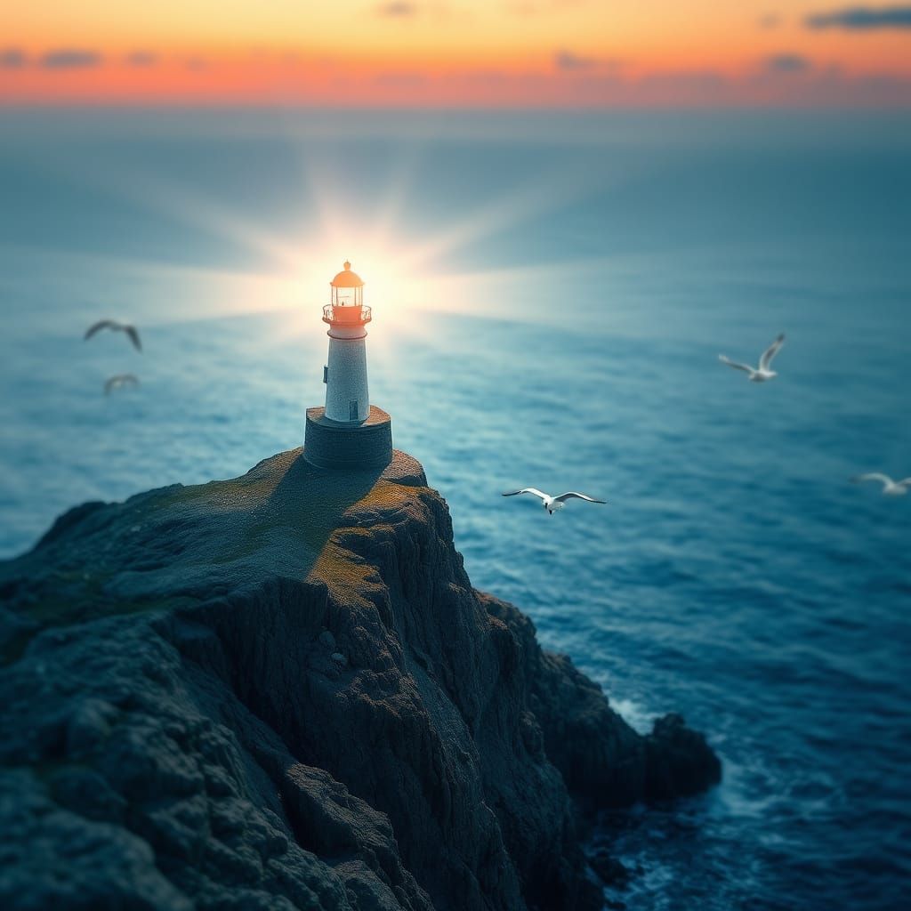 Whimsical Lighthouse Scene with Seagulls and Ocean