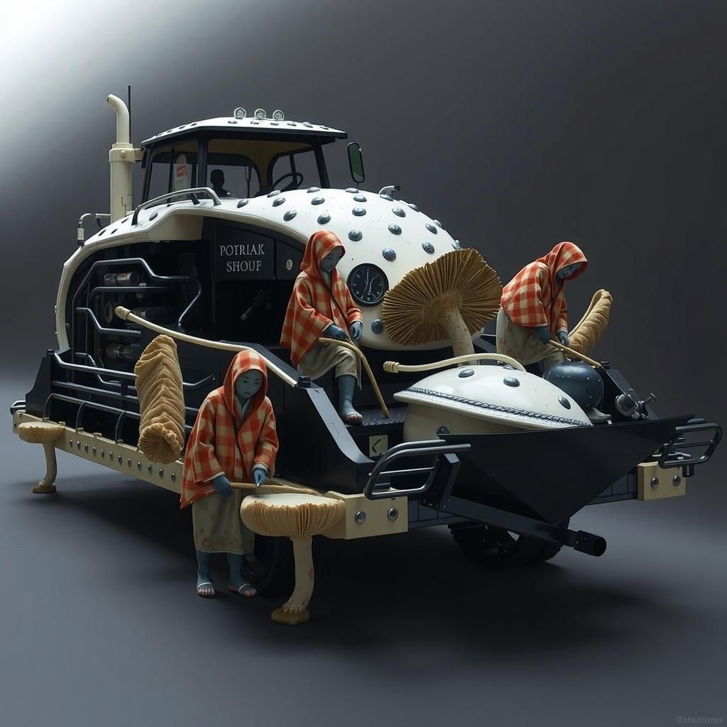 Harvesting Colossal Mushrooms: Indonesian Porcelain Linocut