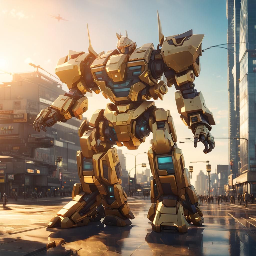 Epic Mecha Warrior in Futuristic Cityscape