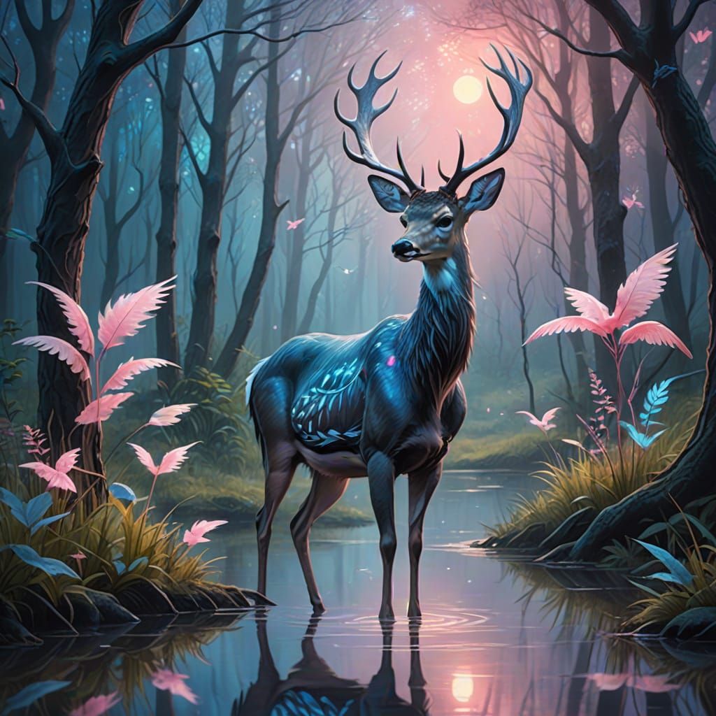 Mystical Deer and Heron in Whimsical Forest
