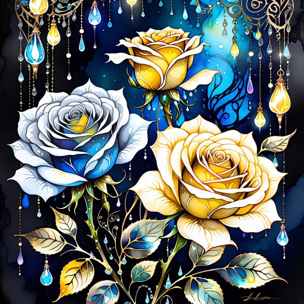 Blue and Yellow Roses in Evocative Watercolor Art