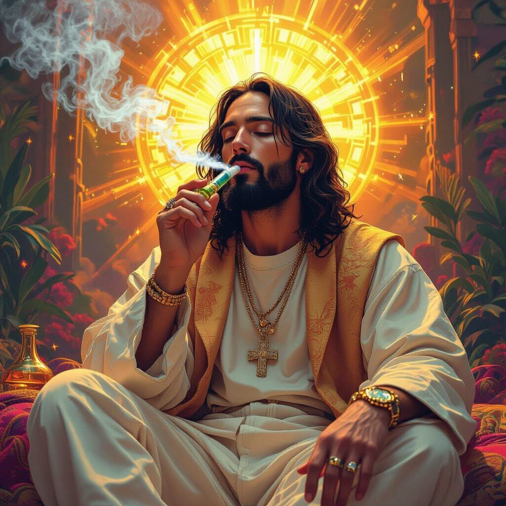 Jesus Ripping Bong in Psychedelic Futuristic Style