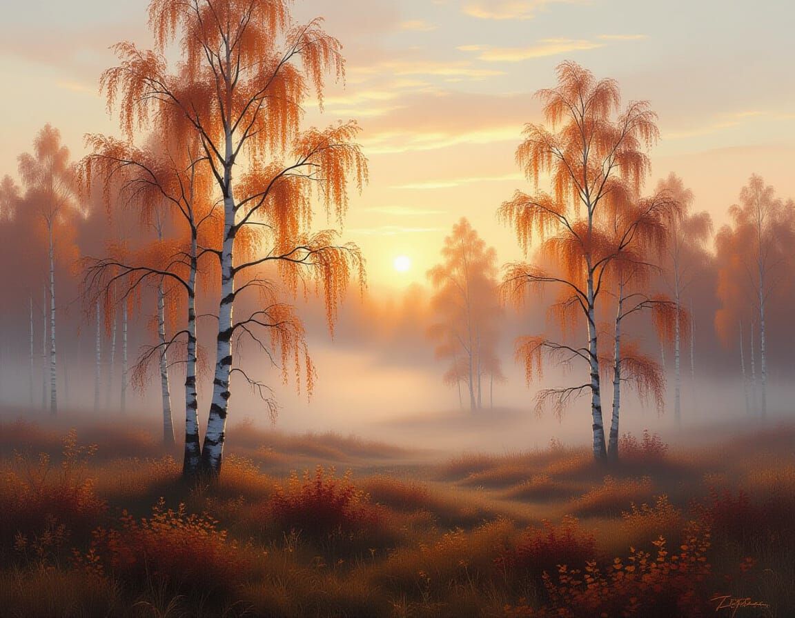 Misty Auburn Birch Trees in Ethereal Sunlight