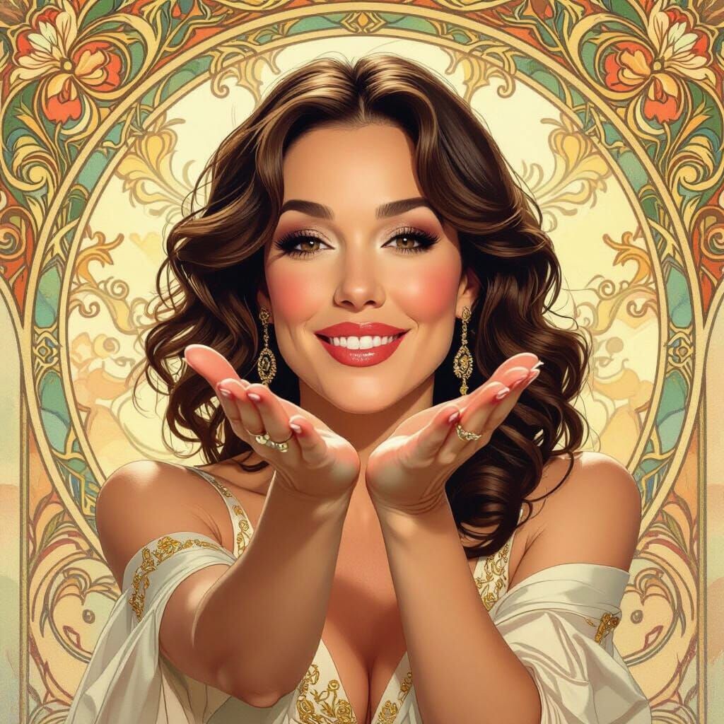 Woman Blowing Kisses in Art Nouveau Style