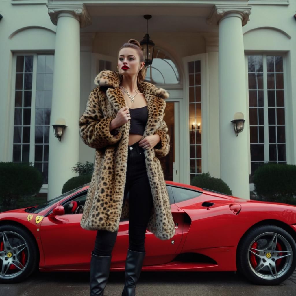 Beautiful Woman in Leopard Coat by Ferrari