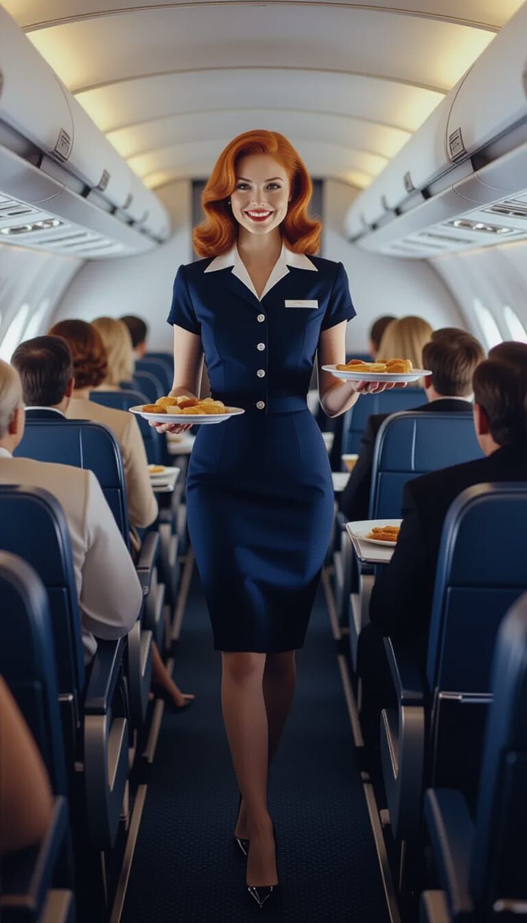 1970s Stewardess Serving Meals on Transcontinental Flight