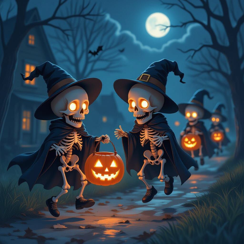 Tiny Skeletons Trick-or-Treating on a Dark Night