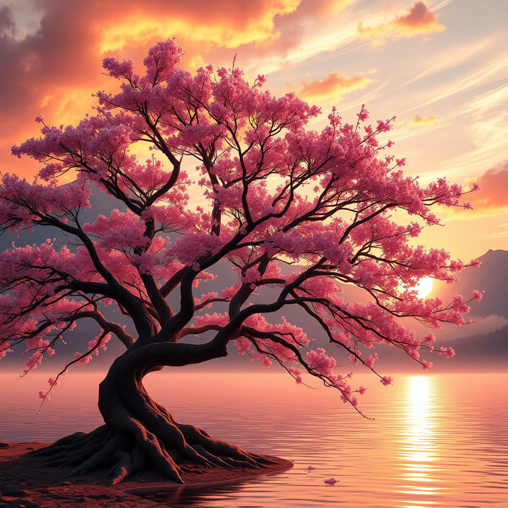Sakura Tree Sunset: Fantasy Landscape Art