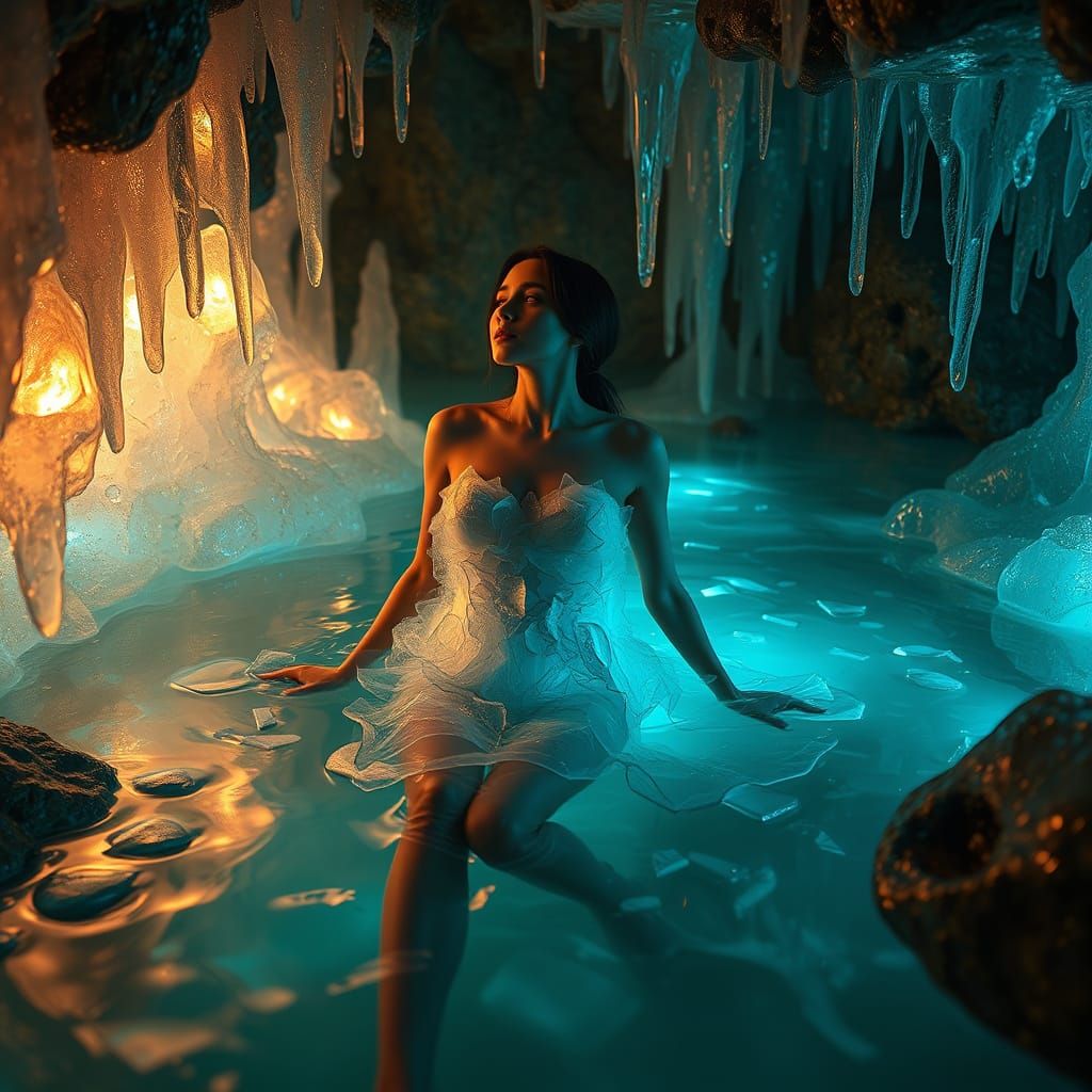 Surreal Figure in Liquid Glass Cavern