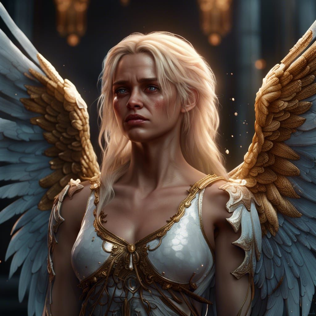 Crying Blonde Angel in Detailed Matte Painting