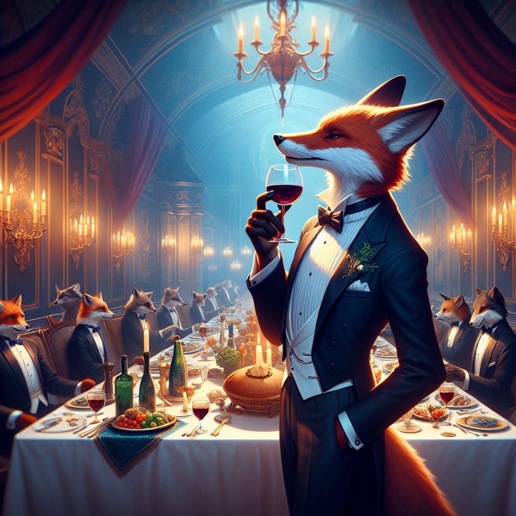 Sophisticated Fox in Tuxedo at Fantasy Dinner Party