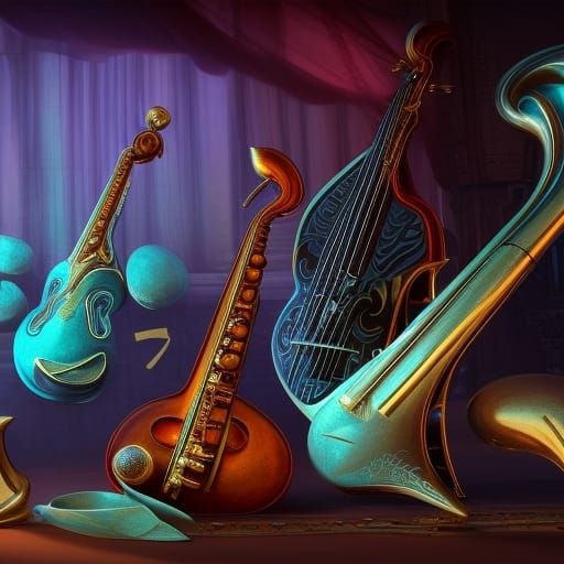 Fantastical Music Instruments in Detailed Matte Style