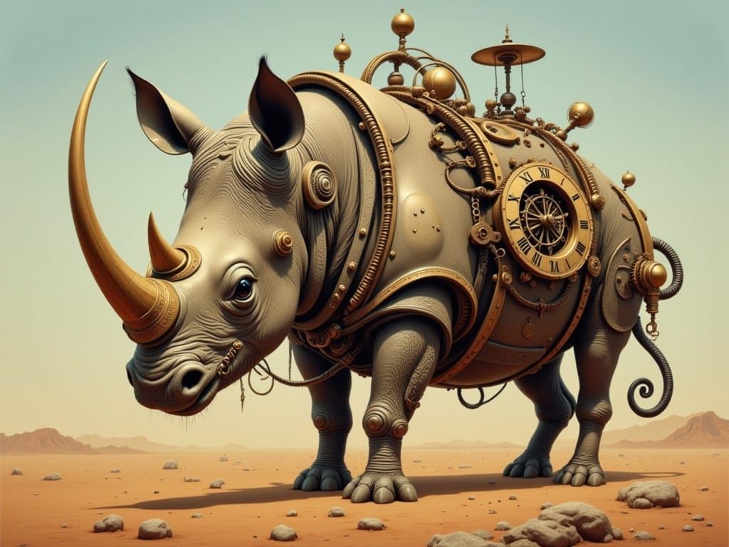 Surreal Clockpunk Rhino in the Sahara Desert