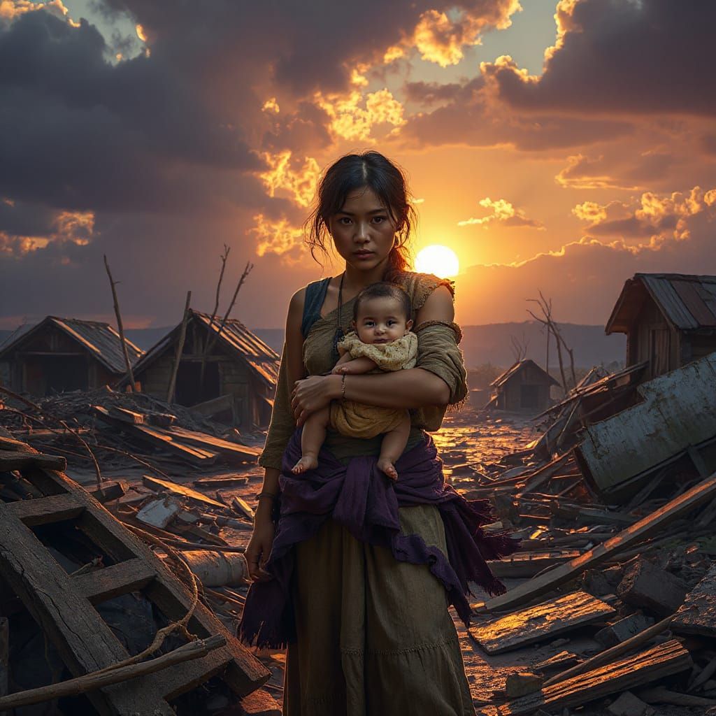 Typhoon Survivor Emerges with Child at Sunrise