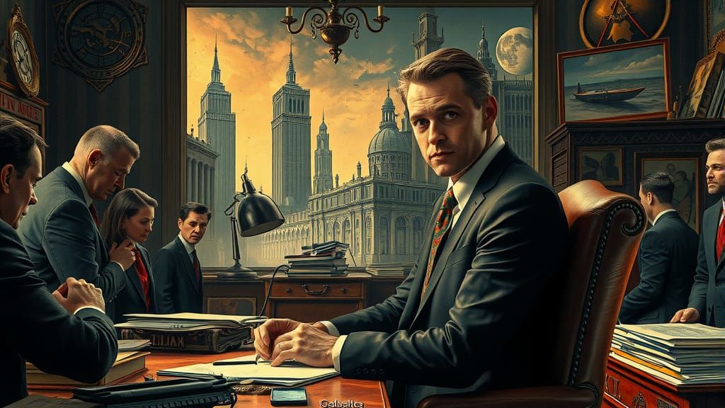 Surreal Office Scene in Alcohol Ink Style