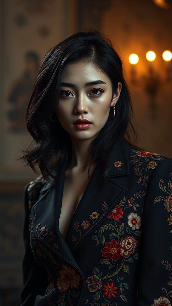 Elegant Korean Model in Exquisite Embroidered Blazer
