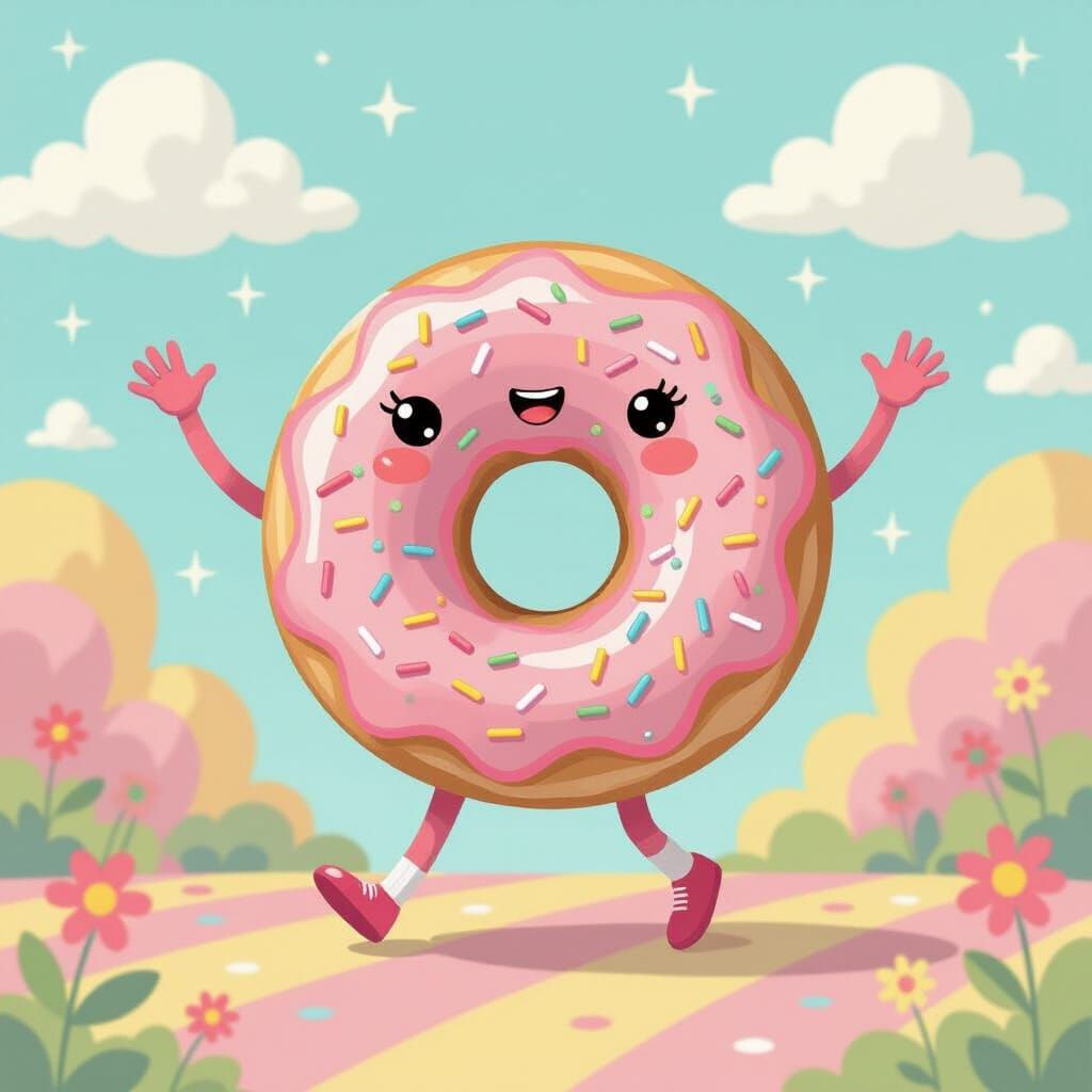 Smiling Donut Character in Pastel DTG Style